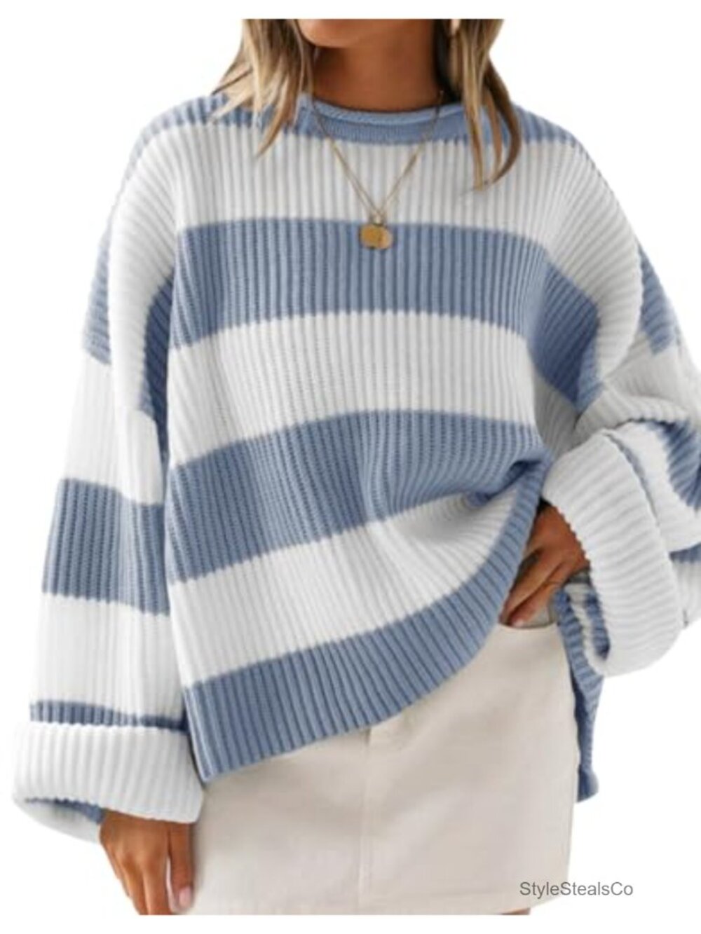 ZESICA Women's Oversized Striped Knit Sweater Flared Long Sleeve Pullover